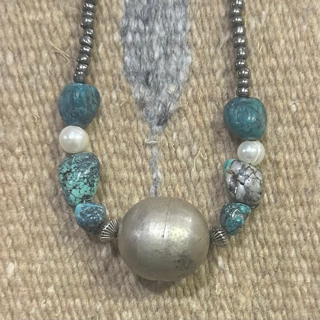 Necklace Silver Bead with Pearl & Turquoise by Genuine Oklahoma Souvenirs (925N1)