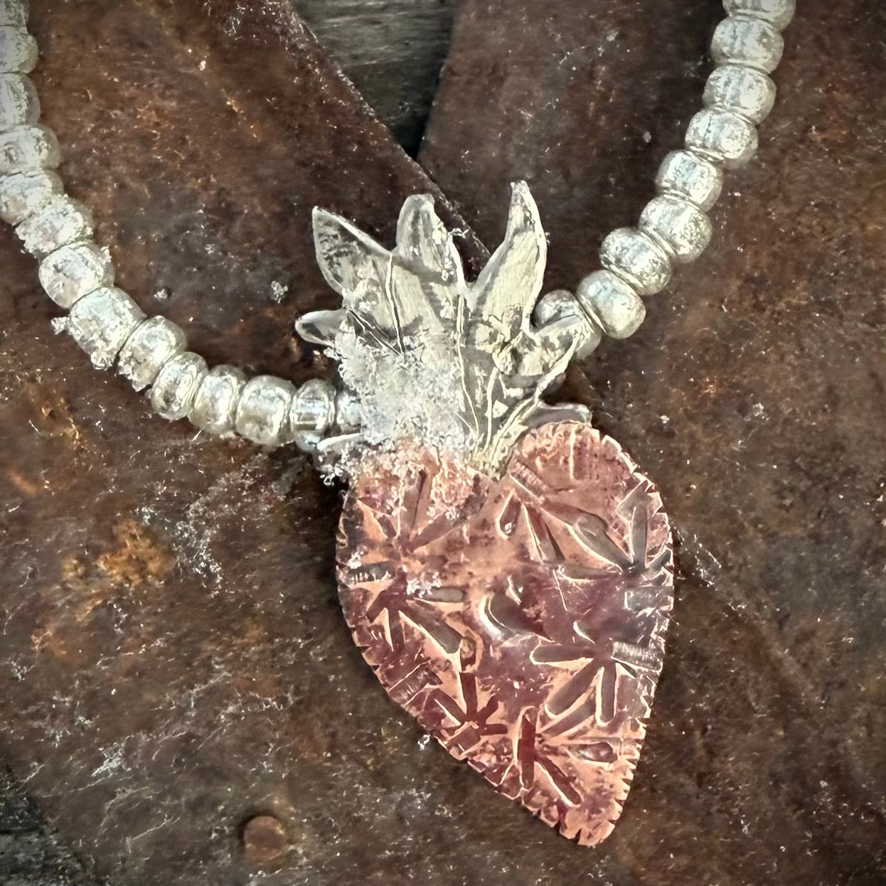 Necklace Copper and German silver charm on mercury glass by Genuine Oklahoma Souvenirs (V925-6)
