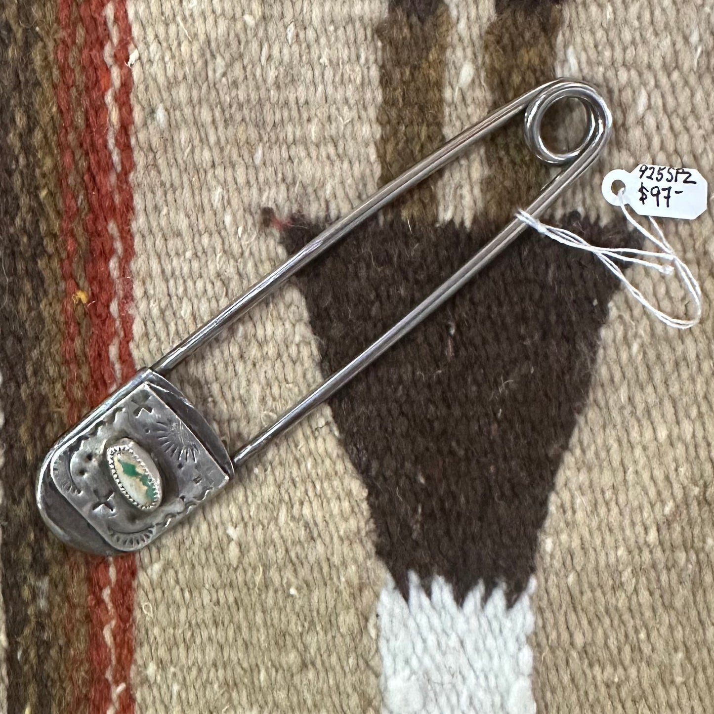 Safety Pin Sterling Silver Plate with Turquoise Diamond by Genuine Oklahoma Souvenirs (925SP3)