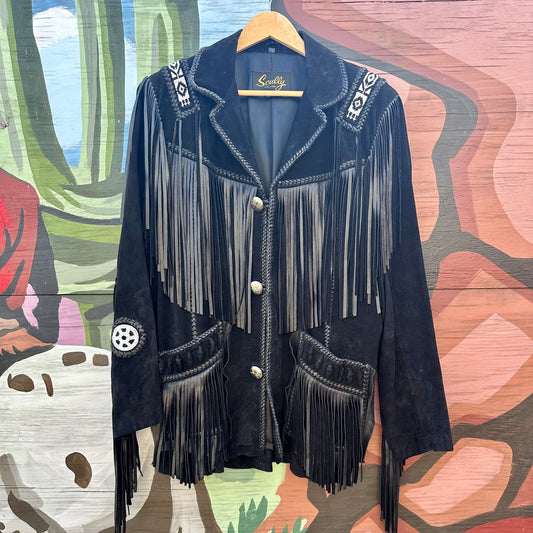 Scully Black Suede Frontier Coat with Fringe and Beading