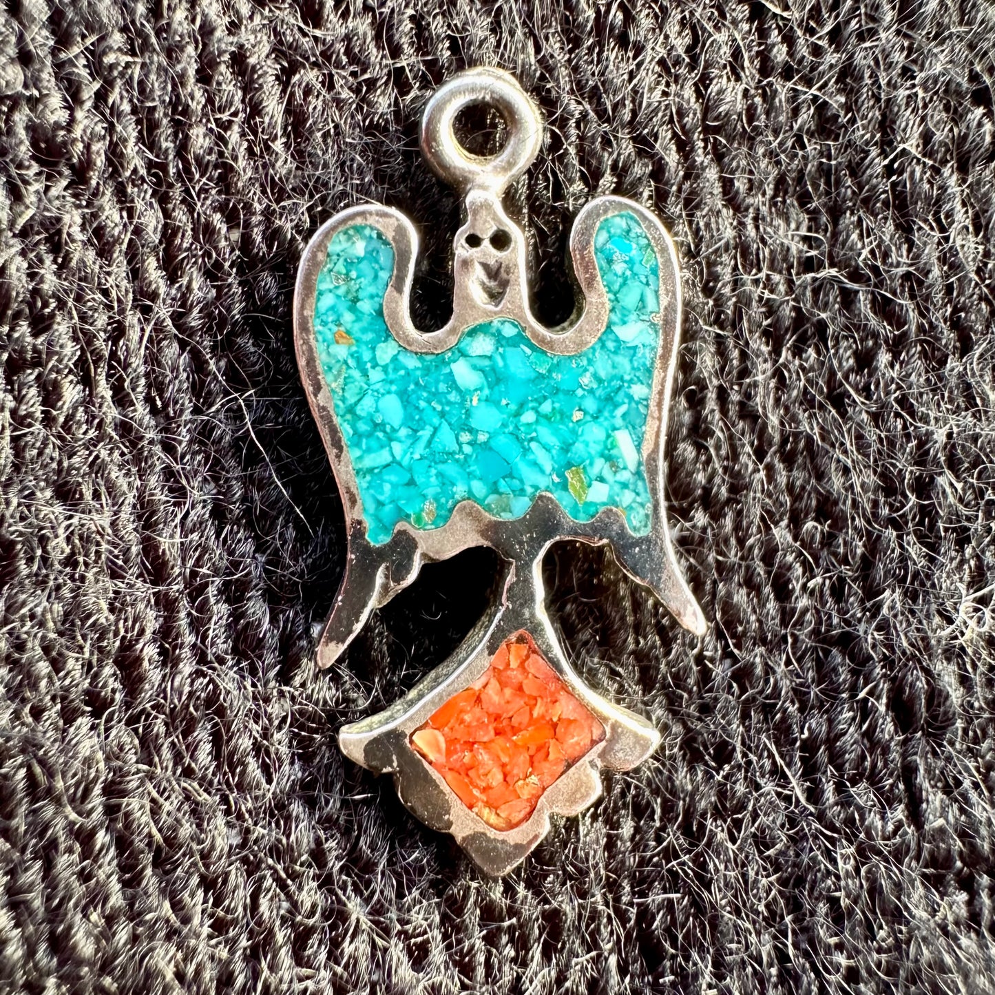 Small Turquoise and Coral Sterling Thunderbird Pendant