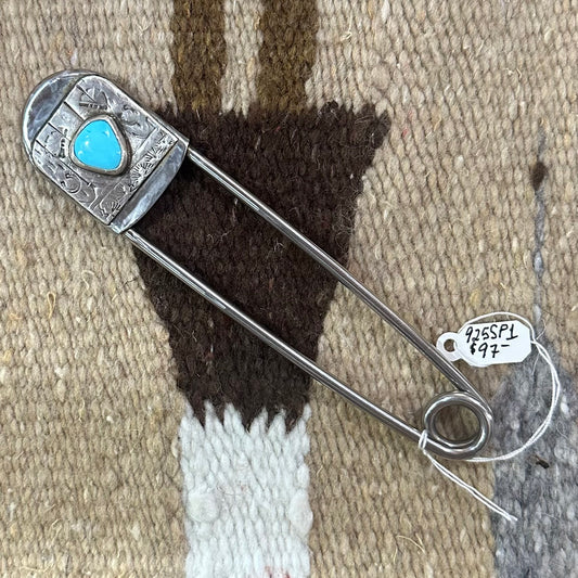 Safety Pin Sterling Silver Plate with Turquoise Triangle by Genuine Oklahoma Souvenirs (925SP1)
