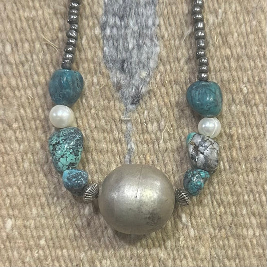 Necklace Silver Bead with Pearl & Turquoise by Genuine Oklahoma Souvenirs (925N1)