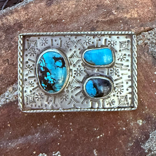 Belt Buckle Sterling Silver with 3 Turquoise Stones by Genuine Oklahoma Souvenirs