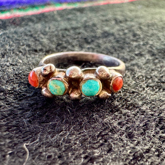 Sterling Turquoise and Coral Band Ring Size 7.5