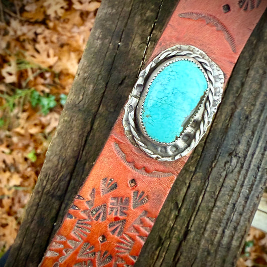 1” Leather, Sterling Silver and Turquoise Cuff by Genuine Oklahoma Souvenirs (925CL1)