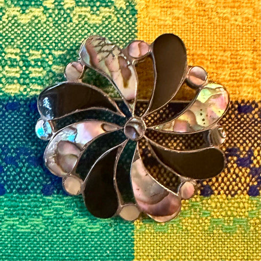 Sterling Silver and Abalone Shell Flower Brooch Pendant Pin