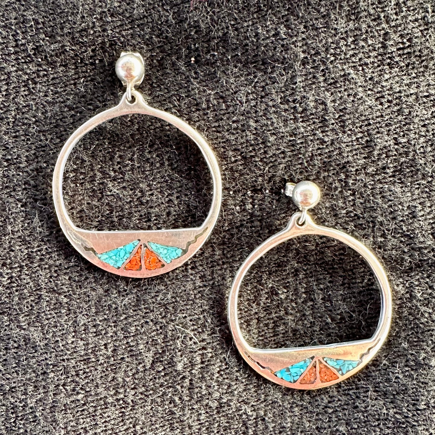 Sterling and Turquoise and Coral Hoop Earrings