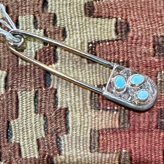 3" Safety Pin Sterling Silver Plate with 3 Turquoise by Genuine Oklahoma Souvenirs (925SP11)