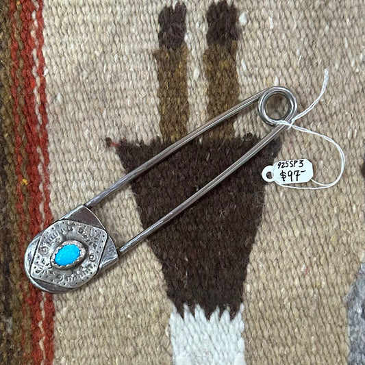 Safety Pin Sterling Silver Plate with Turquoise Oval by Genuine Oklahoma Souvenirs (925SP2)