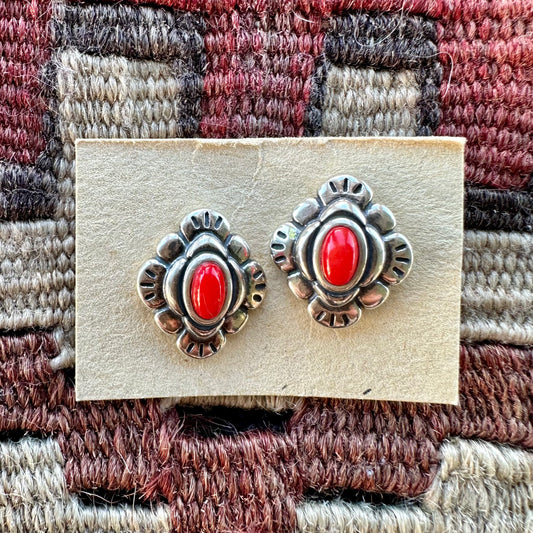 Sterling Silver and Red Coral Stone Earrings