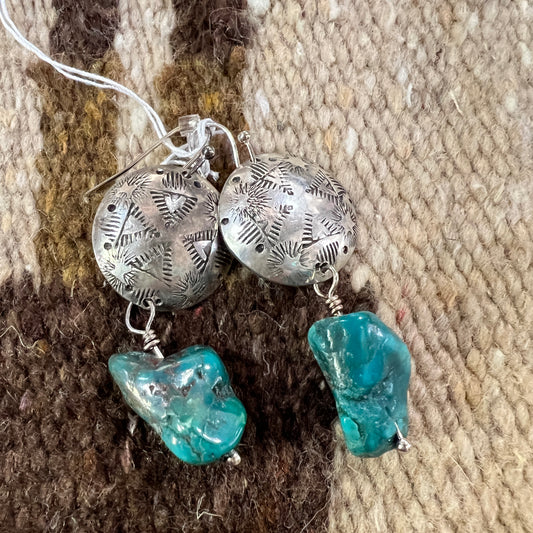 Earrings Silver Concho with Turquoise Nugget by Genuine Oklahoma Souvenirs (925ED1)