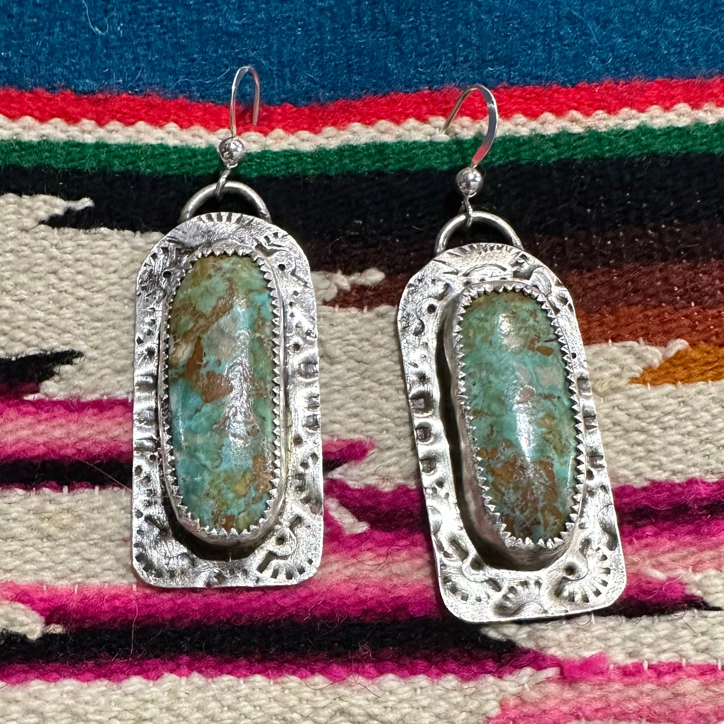 Earrings Stamped Silver with Turquoise Nugget by Genuine Oklahoma Souvenirs (925ED10)