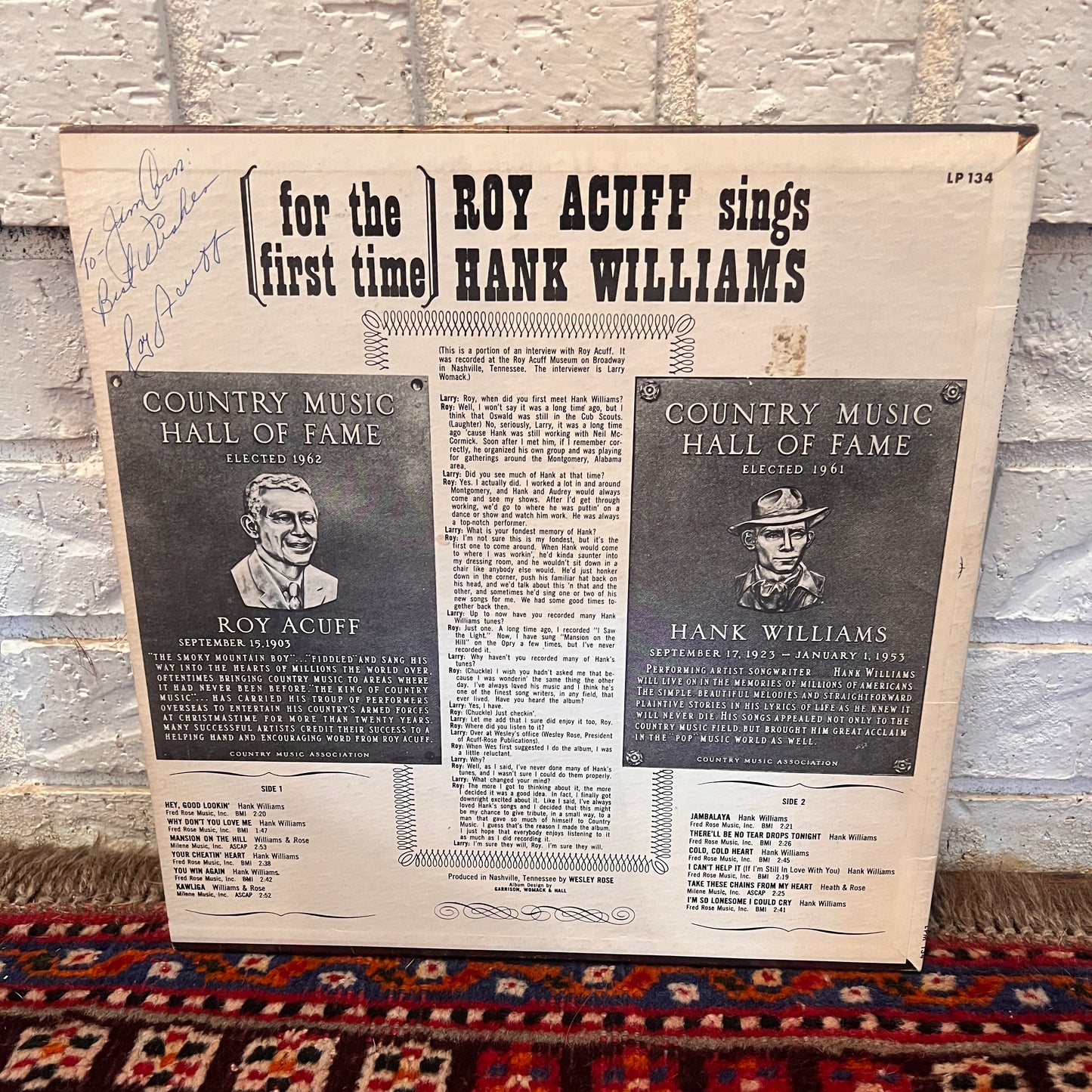 Vinyl-Roy Acuff sings Hank Williams Signed cover