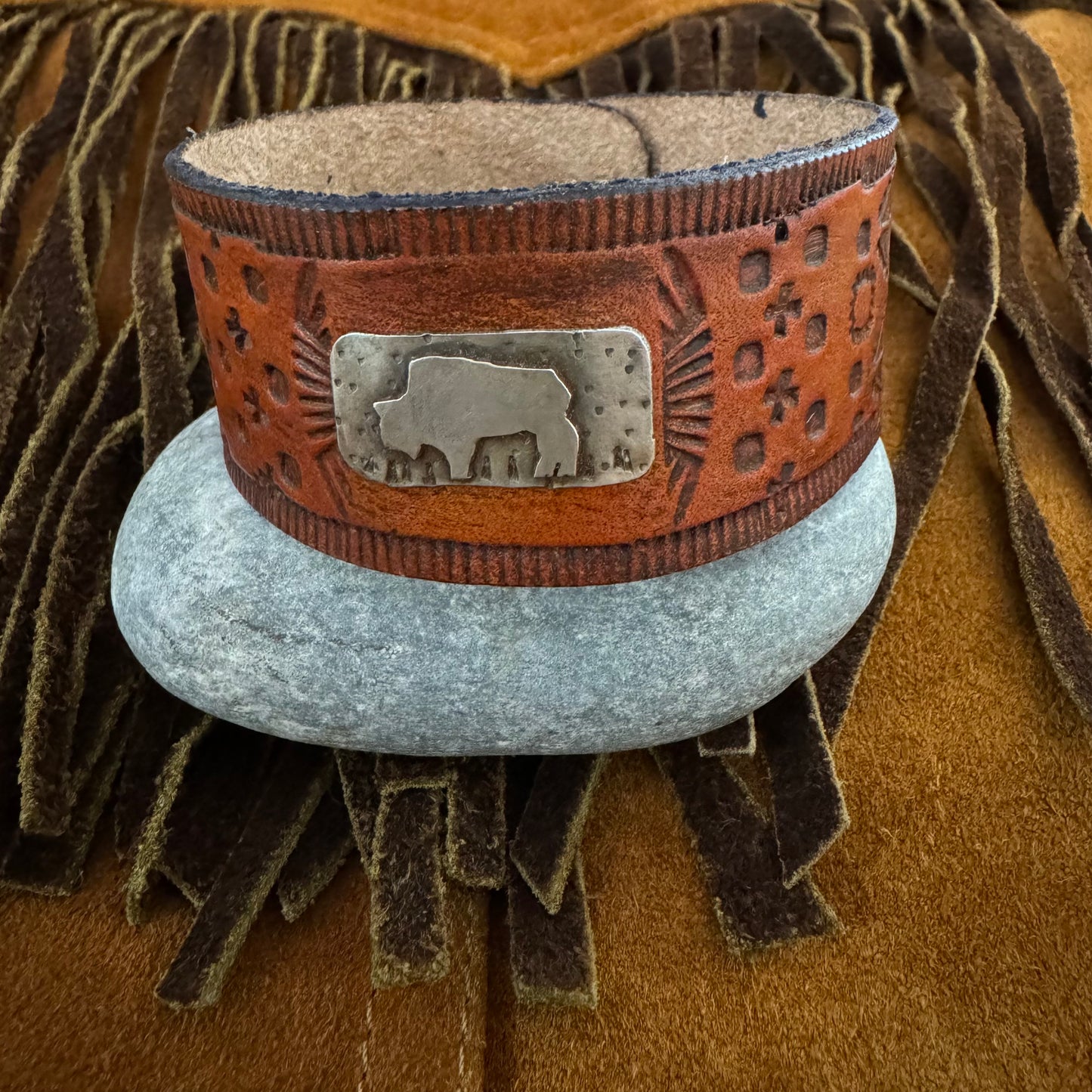 Leather Cuff with Sterling Bison