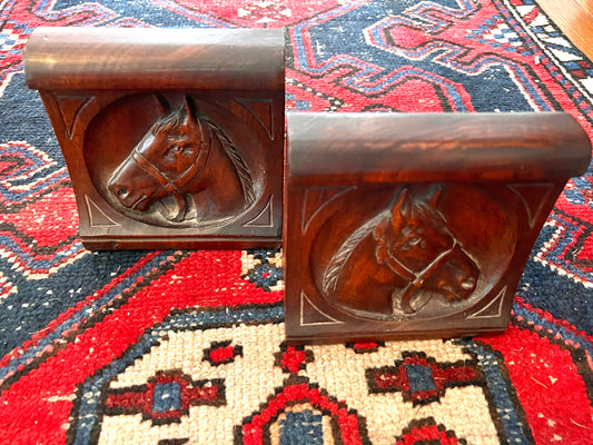 Carved Wooden Horse Head Bookends